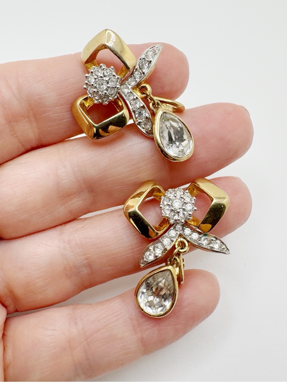 Vintage Gold-Tone Crystal Teardrop Drop Clip- On Earrings - Signed Puccini